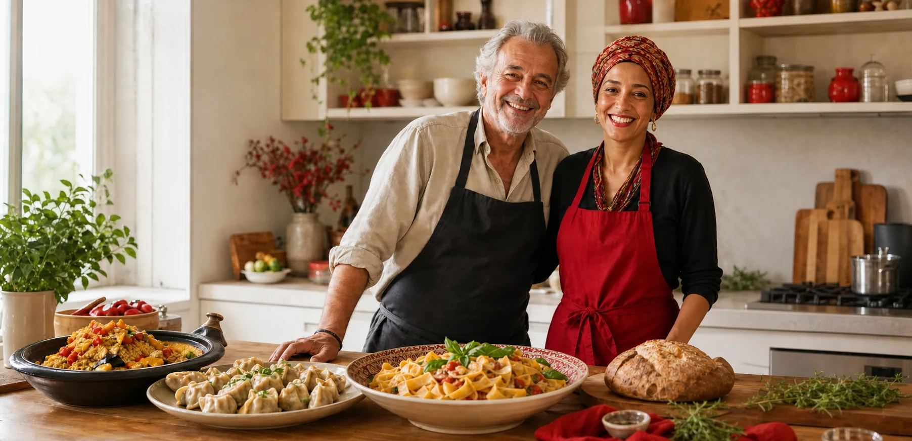 Two independent cooks smiling behind a table of dishes prepared to order